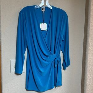 Anne Klein Blue Wrap Top with Tie Detail Size L